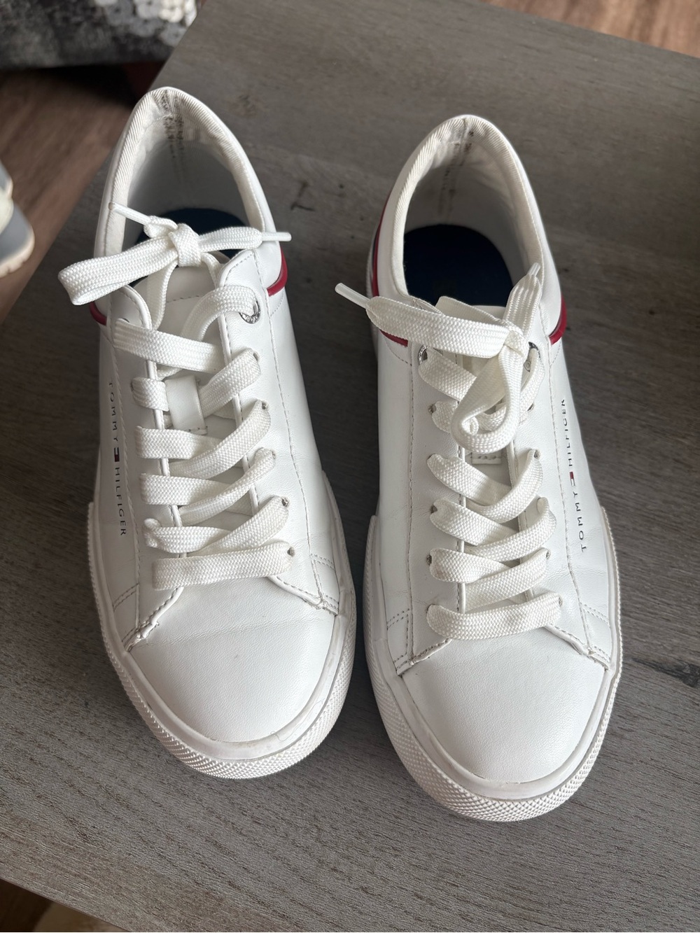 Tommy Hilfiger White Leather Sneakers with Red Heel Stripe